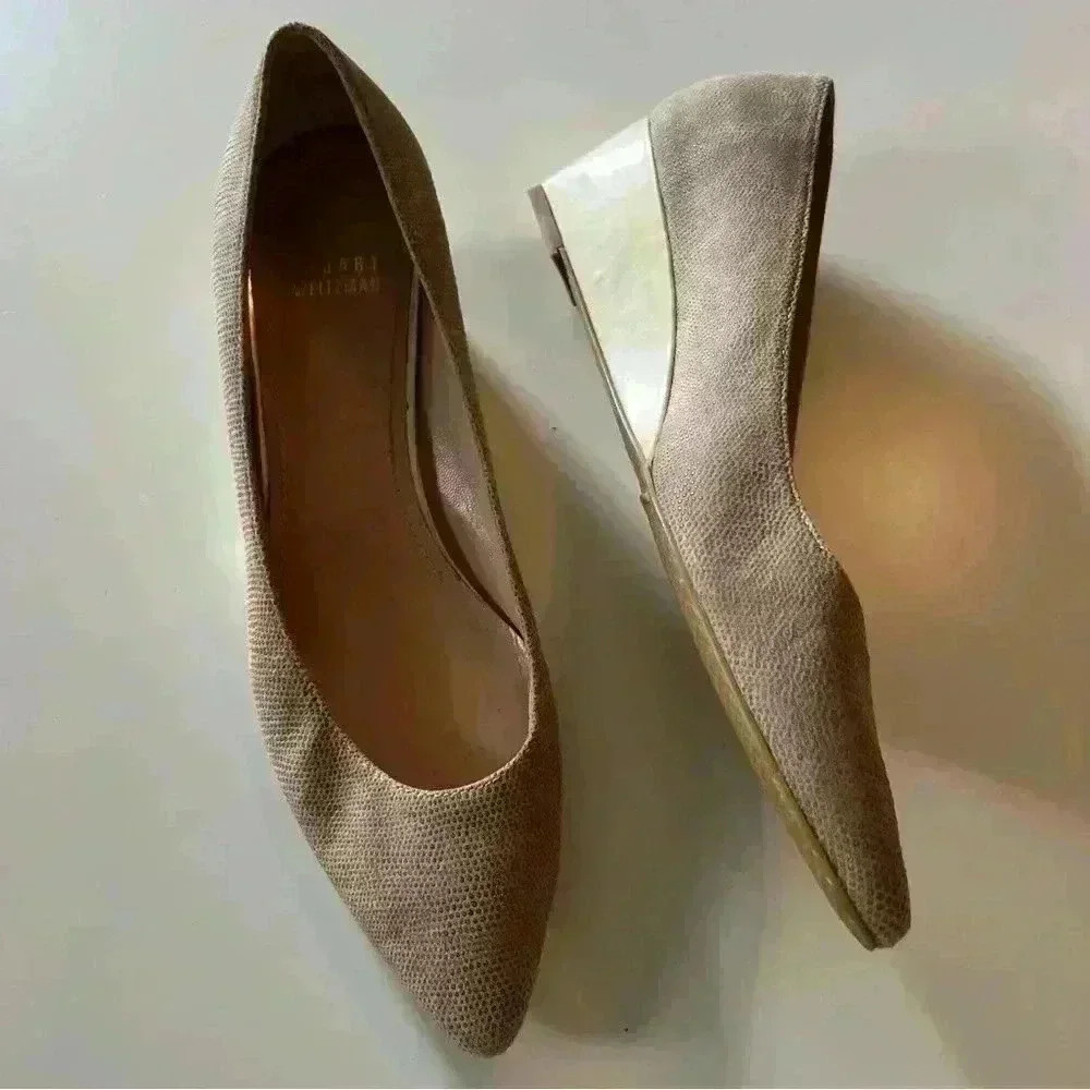 Stuart Weitzman Wedge Heel Dress Flat, Cream Textured Leather with Pearled Heel